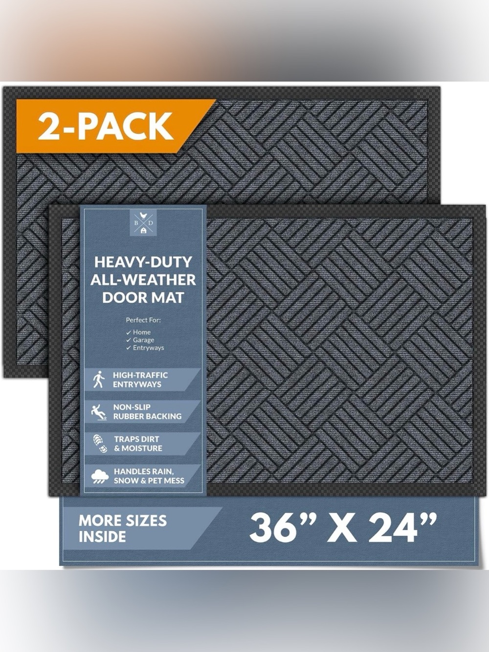 Barnyard Designs Premium Gray Non-Slip Door Mat (24" x 36", 2-Pack)